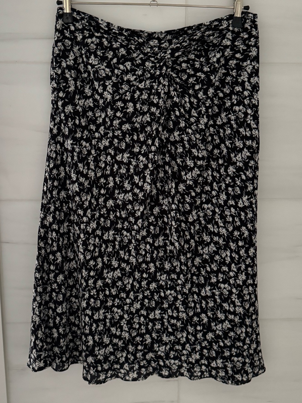 Club Monaco Black and White Floral Midi Twist-Front Skirt